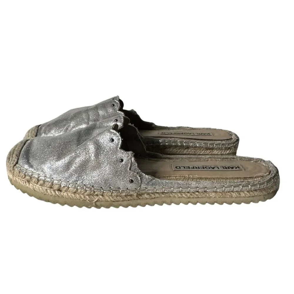 Karl Lagerfeld‎ Metallic Silver Espadrille Slides Slip on Shoes Women Size 7.5